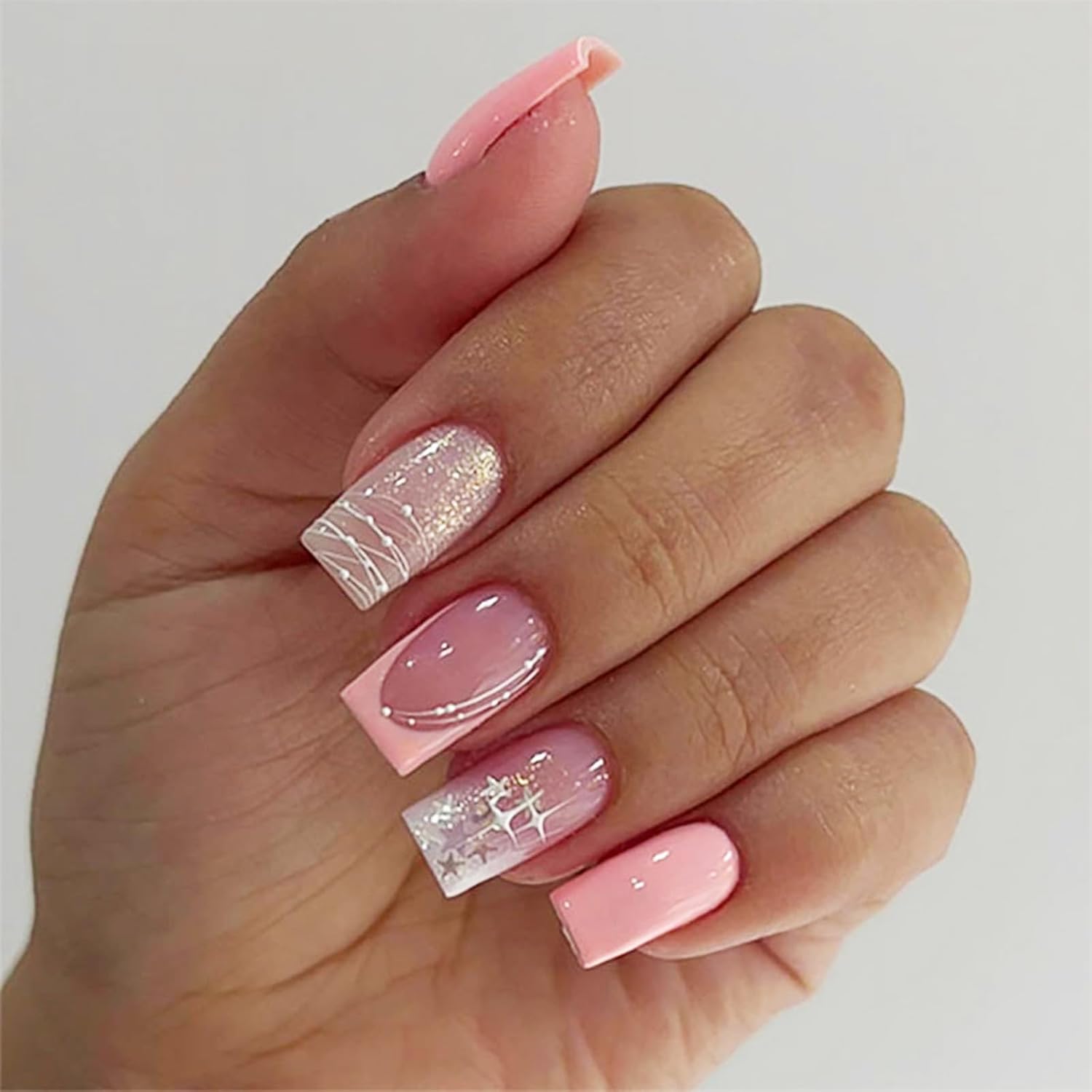 24Pcs Gold Curve Line Press on Nails Sea Acrylic Fake Nail Glossy Blue Gradient Medium Square False Nails Love Heart Stick on Fingernails Seaweed Gel Glue on Nail for Coquette Women Girls : Beauty & Personal Care