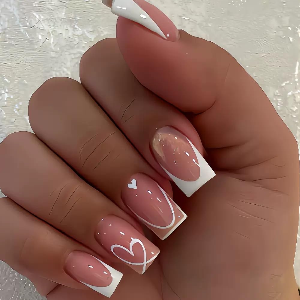 CTTHNBD Medium Press on Nails Coffin - Black French Tip Fake Nails with Bow Charms Design - Heart False Nails Press ons - for Women 24 Pcs : Beauty & Personal Care