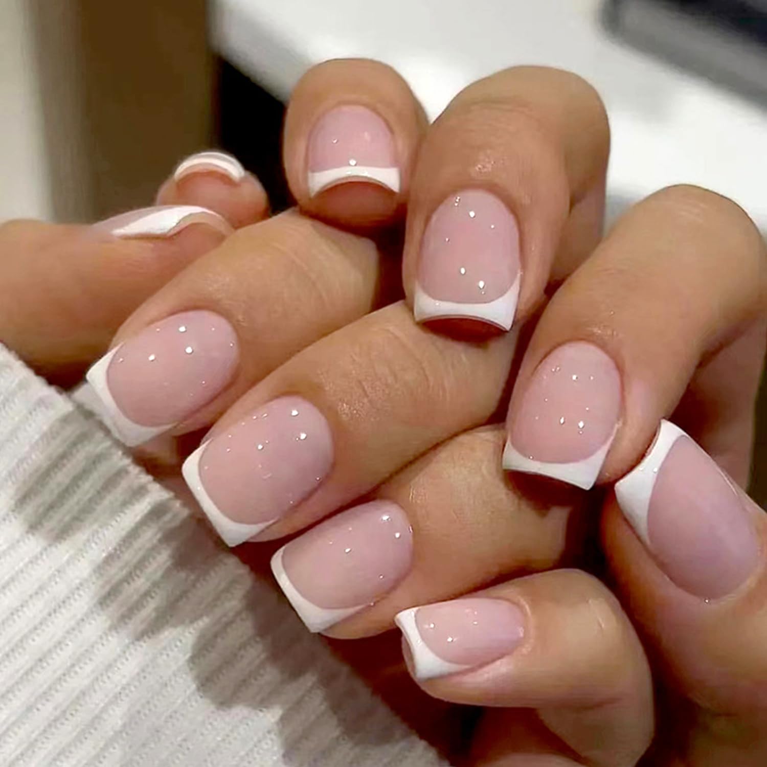 White French Tip Press on Nails Short Square Fake Nails Glossy Pink False Nails with Glue on Nails Reusable Full Cover Stick on Nails Acrylic Artificial Nails for Women DIY Nails Art Decoration : Beauty & Personal Care