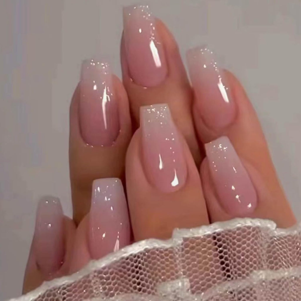 Hkanlre Bling Coffin Press on Nails Fake Nails Tips Full Cover Medium False Gradient Nails for Women and Girls 24PCS (Coffin pink) : Beauty & Personal Care