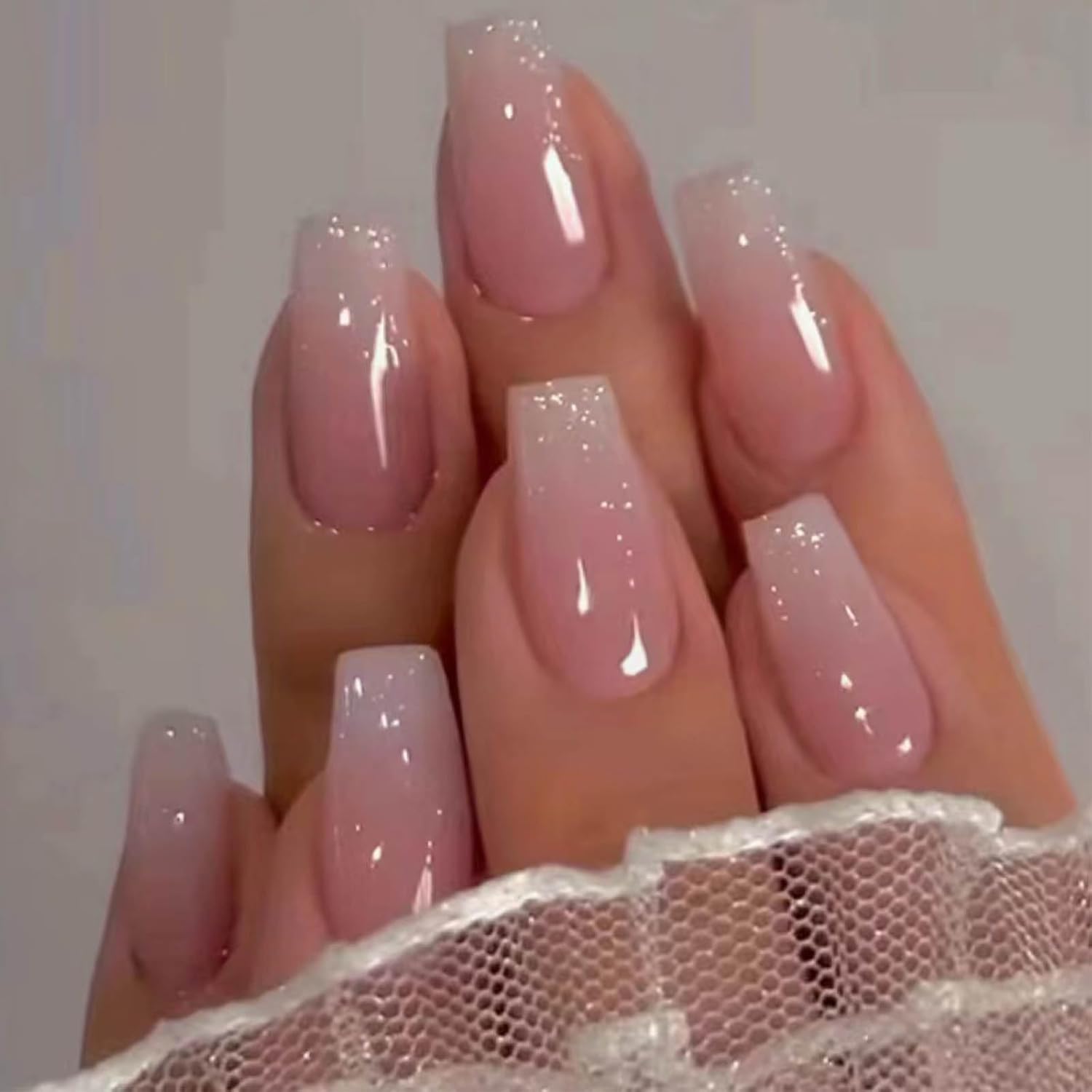 Hkanlre Bling Coffin Press on Nails Fake Nails Tips Full Cover Medium False Gradient Nails for Women and Girls 24PCS (Coffin pink) : Beauty & Personal Care