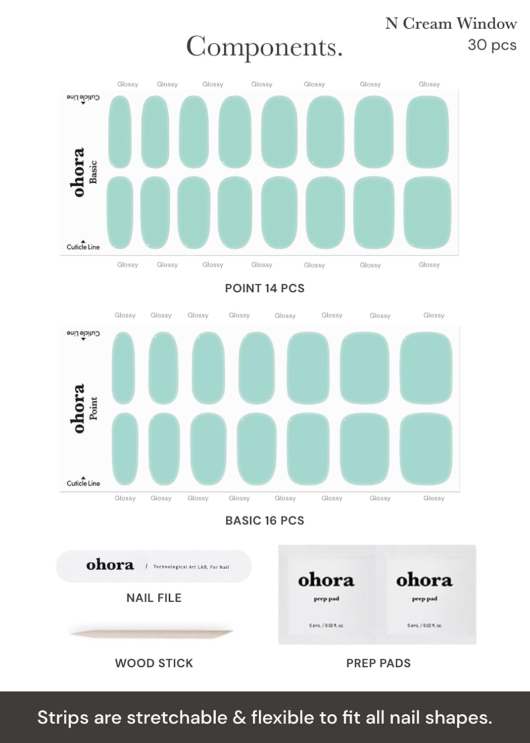 ohora Semi Cured Gel Nail Strips (N Cream Window) - Green. Solid. Works with Any UV/LED Lamps. Salon-Quality. Long Lasting. Easy to Apply & Remove - Includes 2 Prep Pads. Nail File & Wooden Stick : Beauty & Personal Care