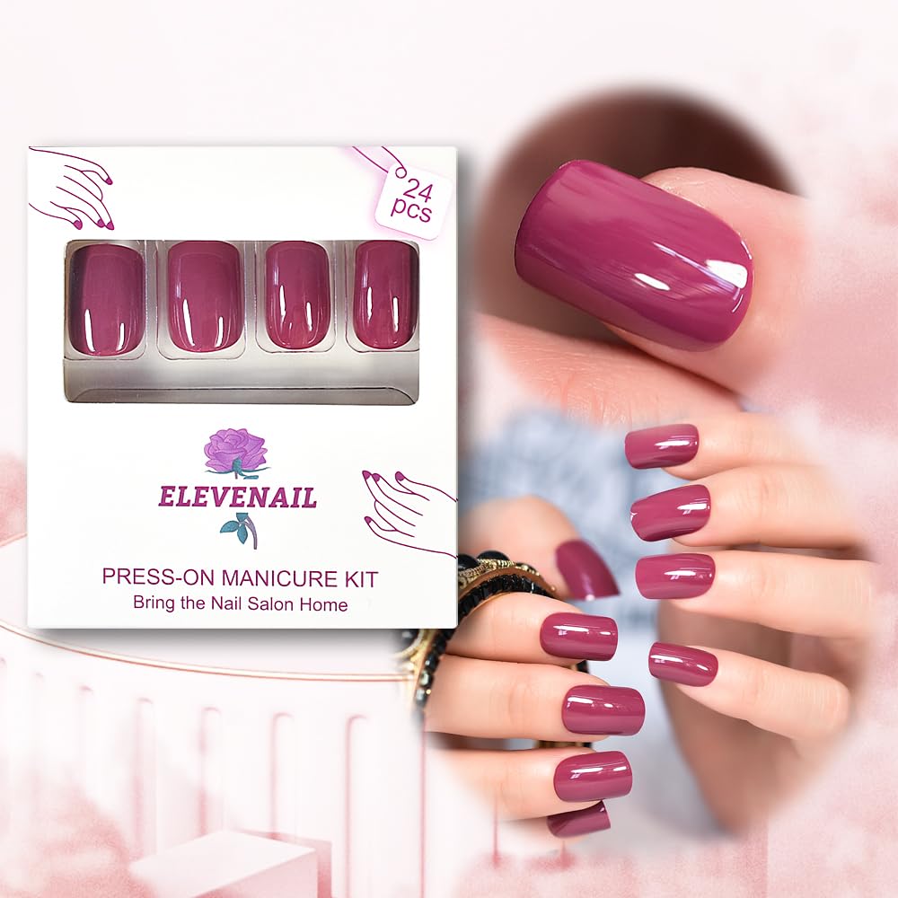 ELEVENAIL Press on Nails Glossy Dark Rose Pink False Nails Medium Length Squoval Nail Art Tips Salon Women Girls DIY Manicure Daily Reusable Daily Office Home Party Acrylic Stick On Fake Nails : Beauty & Personal Care
