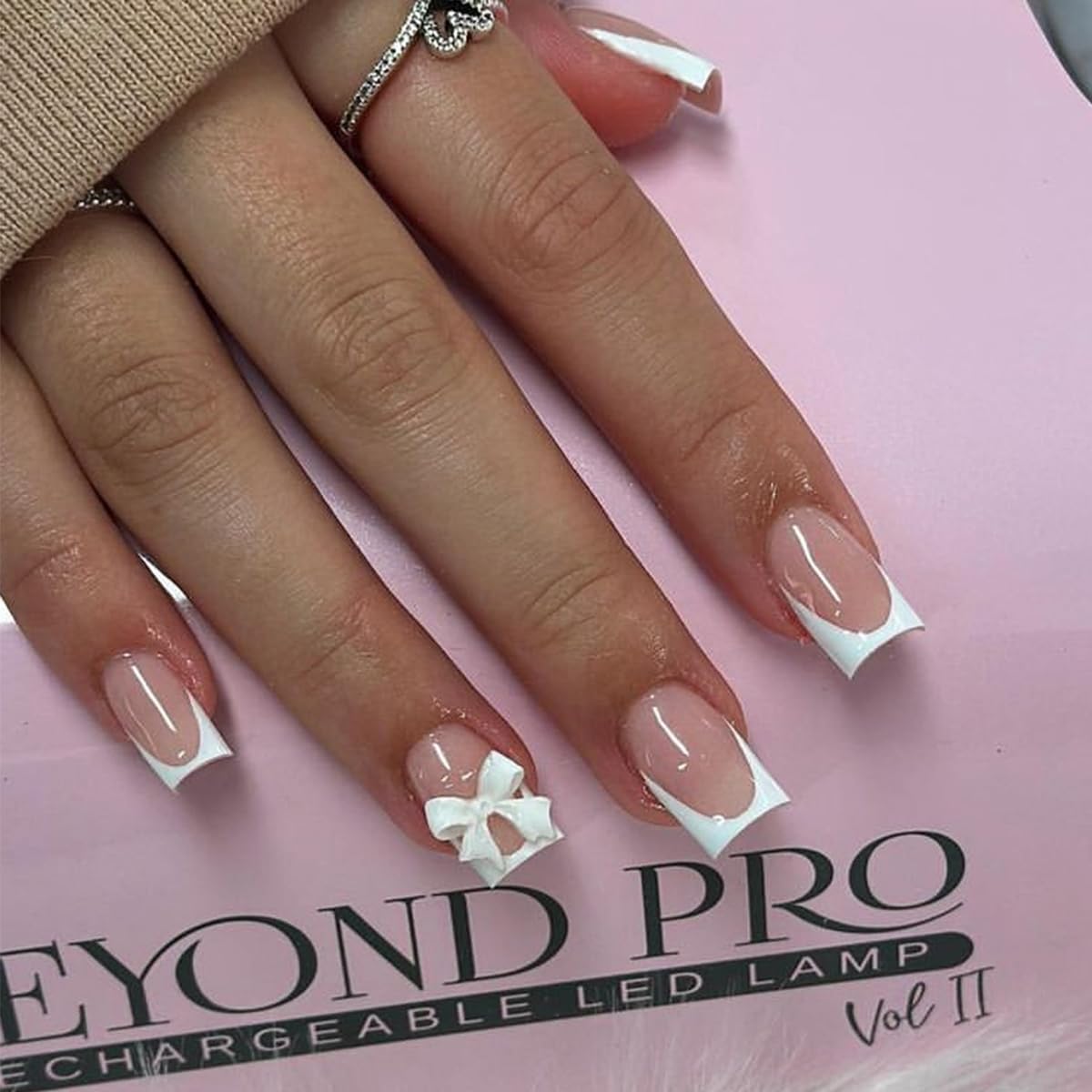 YKZFUI French Tip Press on Nails with Charms. Medium. Cute Bow. Long Square Shape. Acrylic Fake Stick On Nails with Heart and Rhinestones for Women Daily Wear. White : Beauty & Personal Care