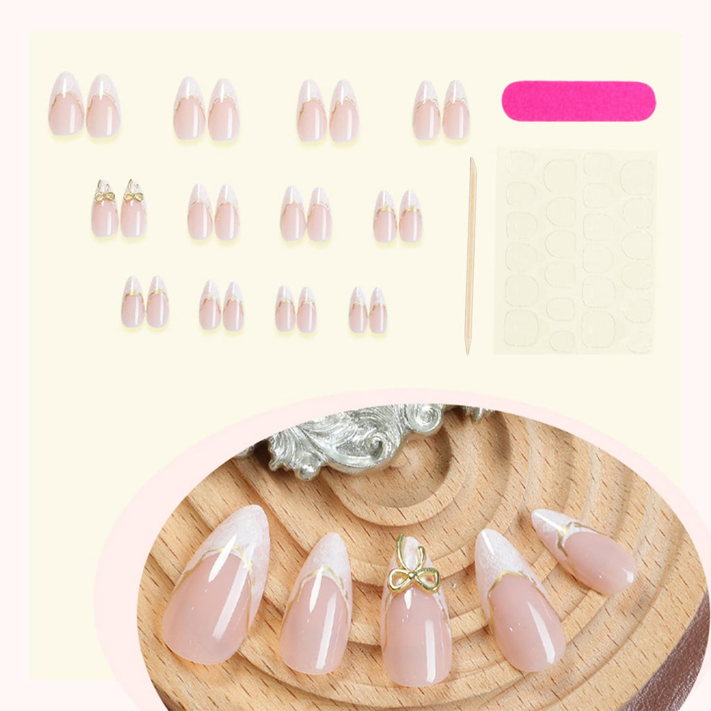 24pcs White French Tip Press on Nails Medium Almond Fake Nails with 3D Bow Acrylic Nails Design Gold Line Stick on Nails French False Nails Kit Full Cover Glue on Nails for Women Nail Decoration : Beauty & Personal Care