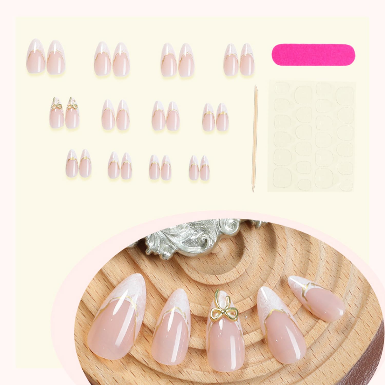 24pcs White French Tip Press on Nails Medium Almond Fake Nails with 3D Bow Acrylic Nails Design Gold Line Stick on Nails French False Nails Kit Full Cover Glue on Nails for Women Nail Decoration : Beauty & Personal Care