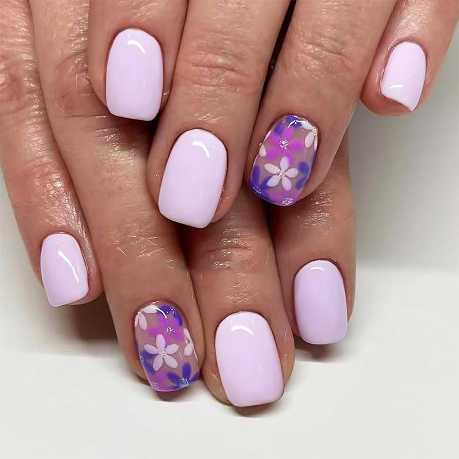 24Pcs Colorful Flower Press-On Nails - Short. Square. Fake. Spring-Summer Nail Art Set. Light Pink Acrylic. Full Cover Glossy False Nails for Women & Girls : Beauty & Personal Care
