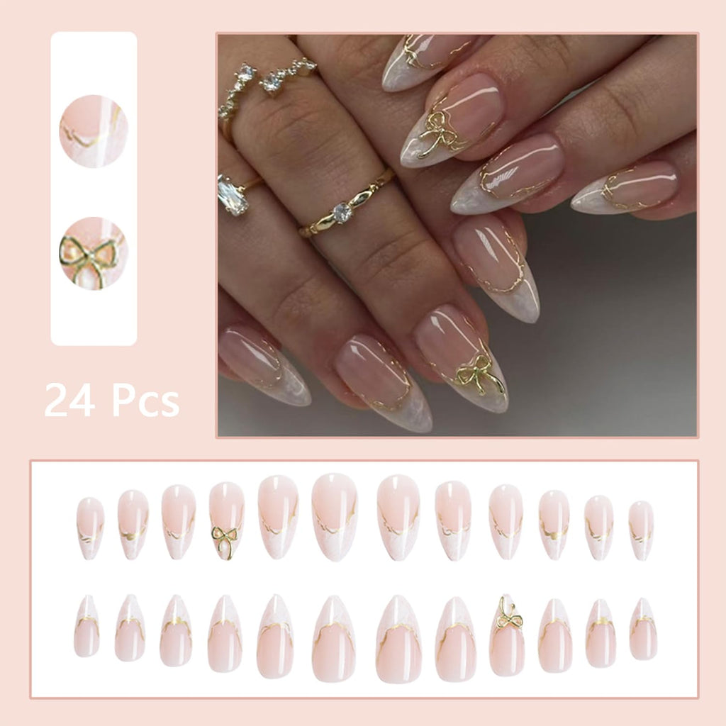 24pcs White French Tip Press on Nails Medium Almond Fake Nails with 3D Bow Acrylic Nails Design Gold Line Stick on Nails French False Nails Kit Full Cover Glue on Nails for Women Nail Decoration : Beauty & Personal Care