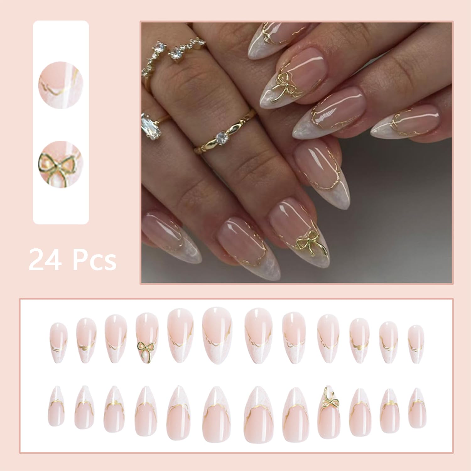 24pcs White French Tip Press on Nails Medium Almond Fake Nails with 3D Bow Acrylic Nails Design Gold Line Stick on Nails French False Nails Kit Full Cover Glue on Nails for Women Nail Decoration : Beauty & Personal Care