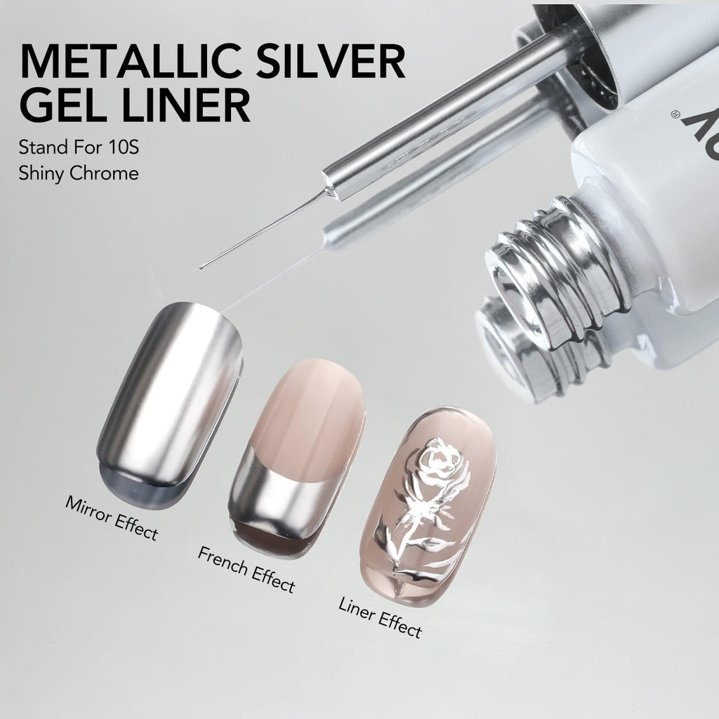 GAOY Metallic Silver Gel Nail Polish Art Liner. 8ml 3D Mirror Chrome Effect Color Nail Paint Design with Thin Brush. UV Light Cure for DIY Manicure at Home : Beauty & Personal Care