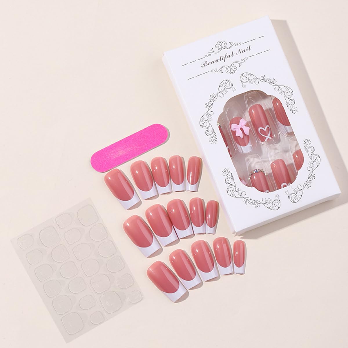 YKZFUI French Tip Press on Nails with Charms. Medium. Cute Bow. Long Square Shape. Acrylic Fake Stick On Nails with Heart and Rhinestones for Women Daily Wear. White : Beauty & Personal Care
