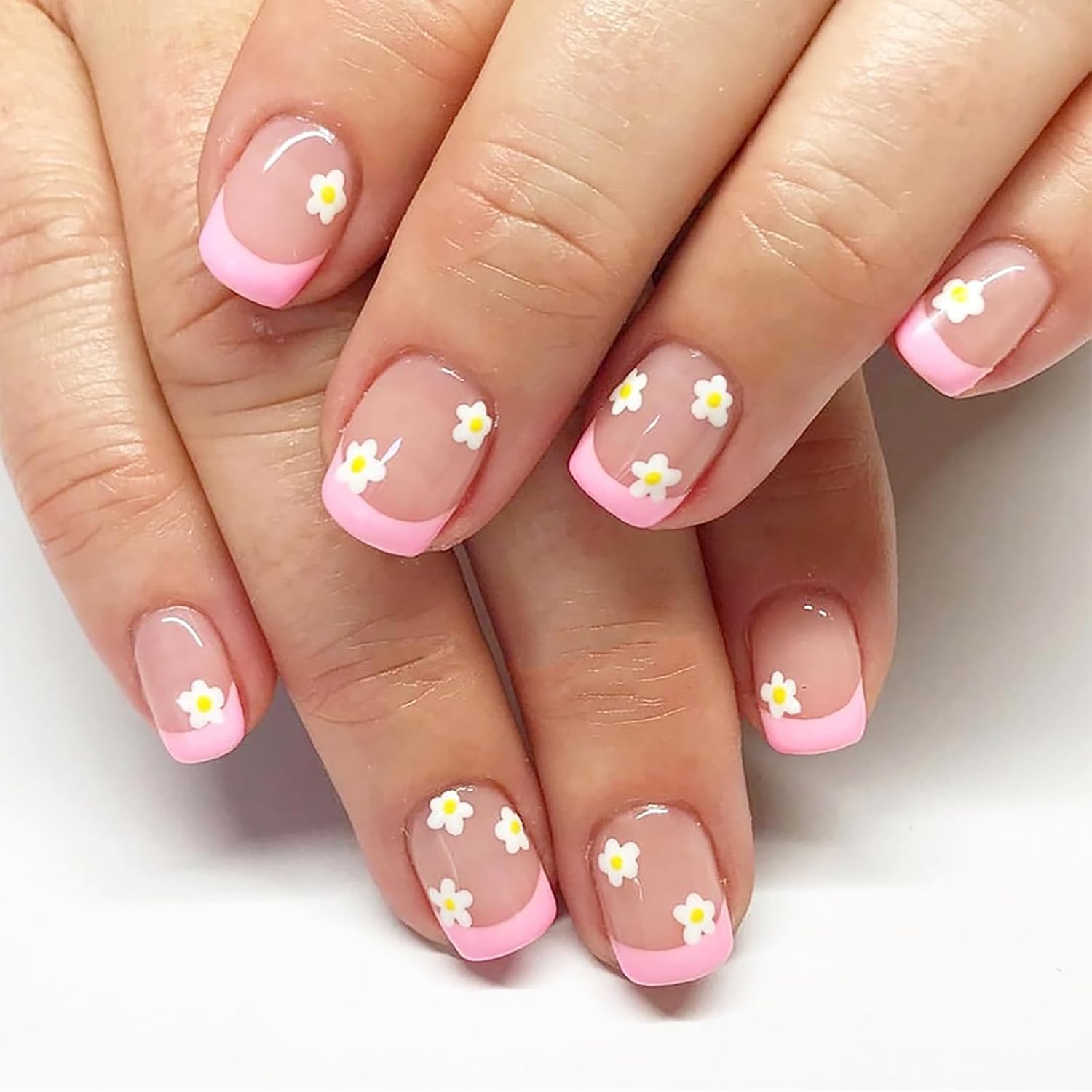 24Pcs Colorful Flower Press-On Nails - Short. Square. Fake. Spring-Summer Nail Art Set. Light Pink Acrylic. Full Cover Glossy False Nails for Women & Girls : Beauty & Personal Care