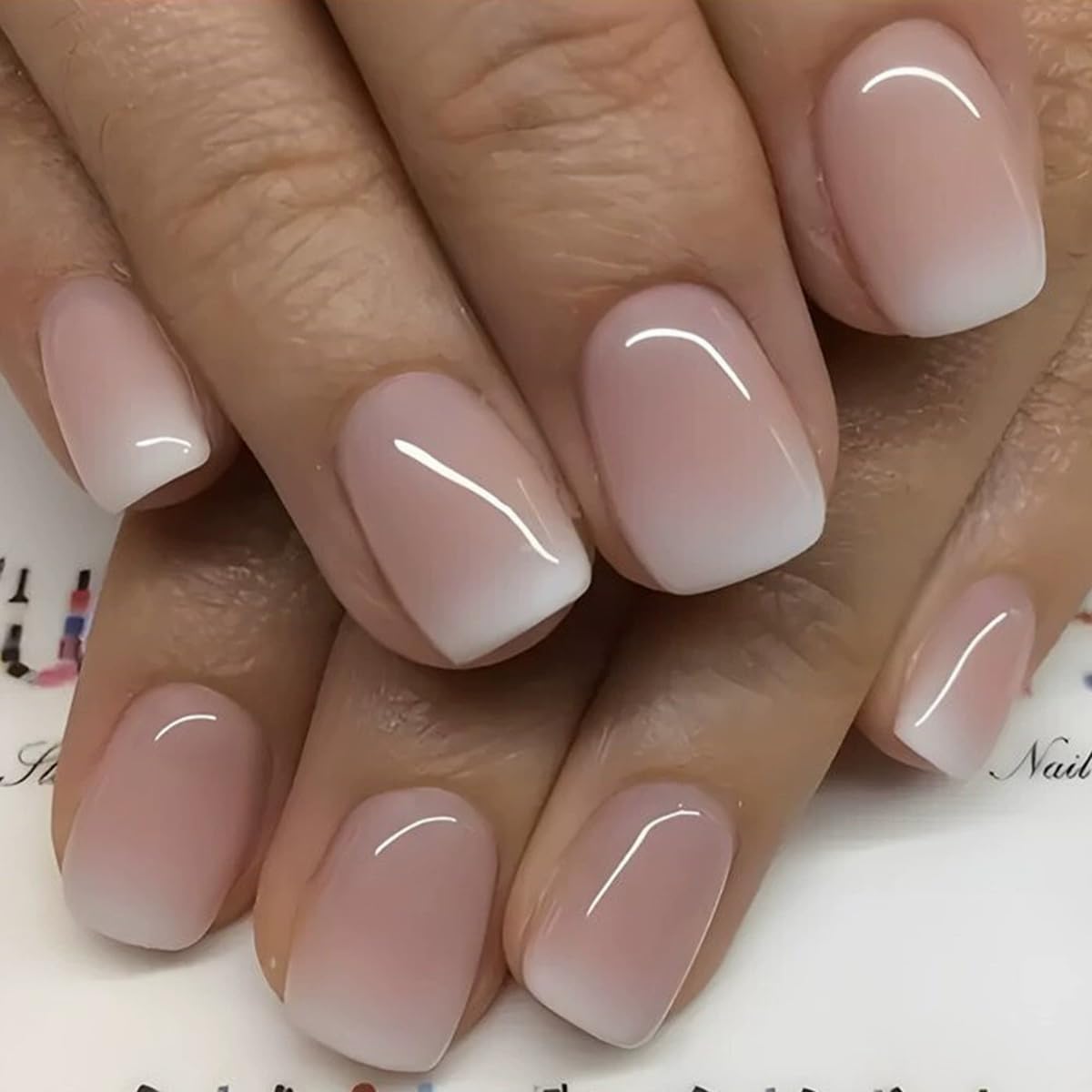 Short Square Press on Nails French Fake Nails Ombre Acrylic Nails Press on Full Cover Glossy False Nails Artificial Stick on Nail for Women Manicure Decoration 24PCS : Beauty & Personal Care