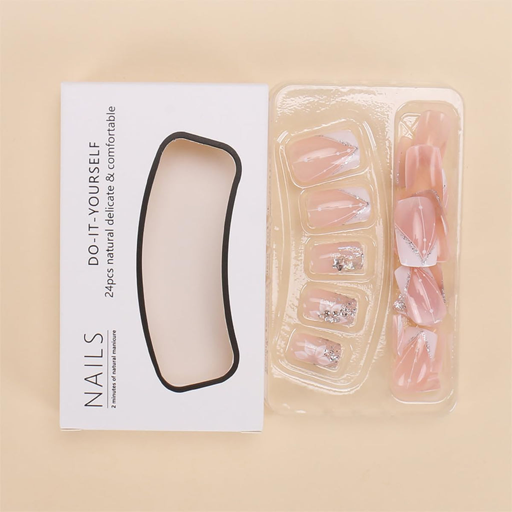 DZPGUONIZ 24pcs Short Square Press on Nails French Tip Fake Nails White Flower with Star Design Glitter False Nails Luxury Nail Charms Crafts White Stripes Glue on Nails for Women Manicure Tips : Beauty & Personal Care
