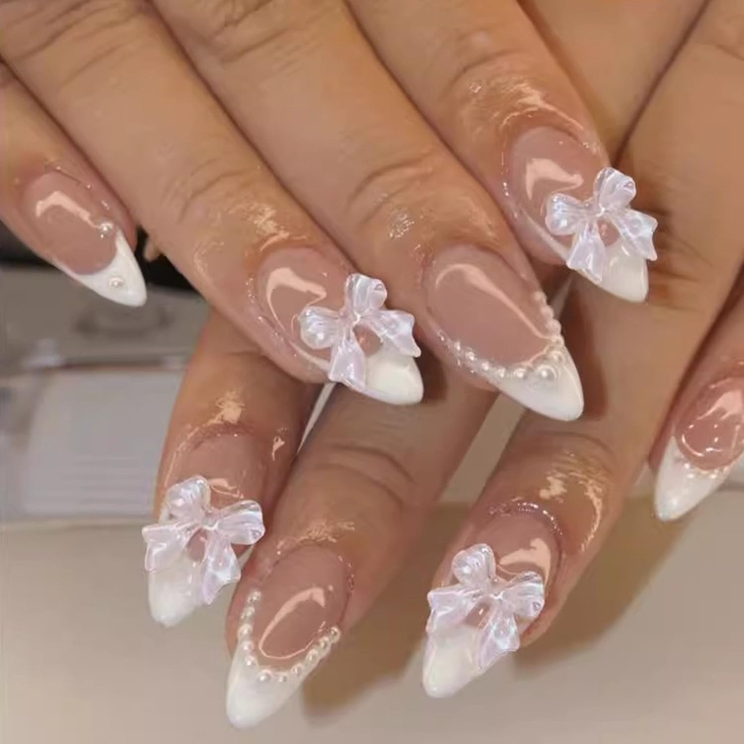 YKZFUI French Tip Press on Nails with Charms. Medium. Cute Bow. Long Square Shape. Acrylic Fake Stick On Nails with Heart and Rhinestones for Women Daily Wear. White : Beauty & Personal Care