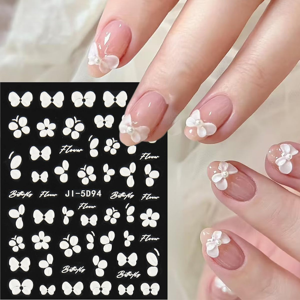 Fcozpjk 5D Embossed White Flowers Nail Stickers. 5 Sheets Self-Adhesive Floral Nail Decals. Spring Rose Butterfly Nail Art. 3D Acrylic Flowers for Manicure Decor : Beauty & Personal Care