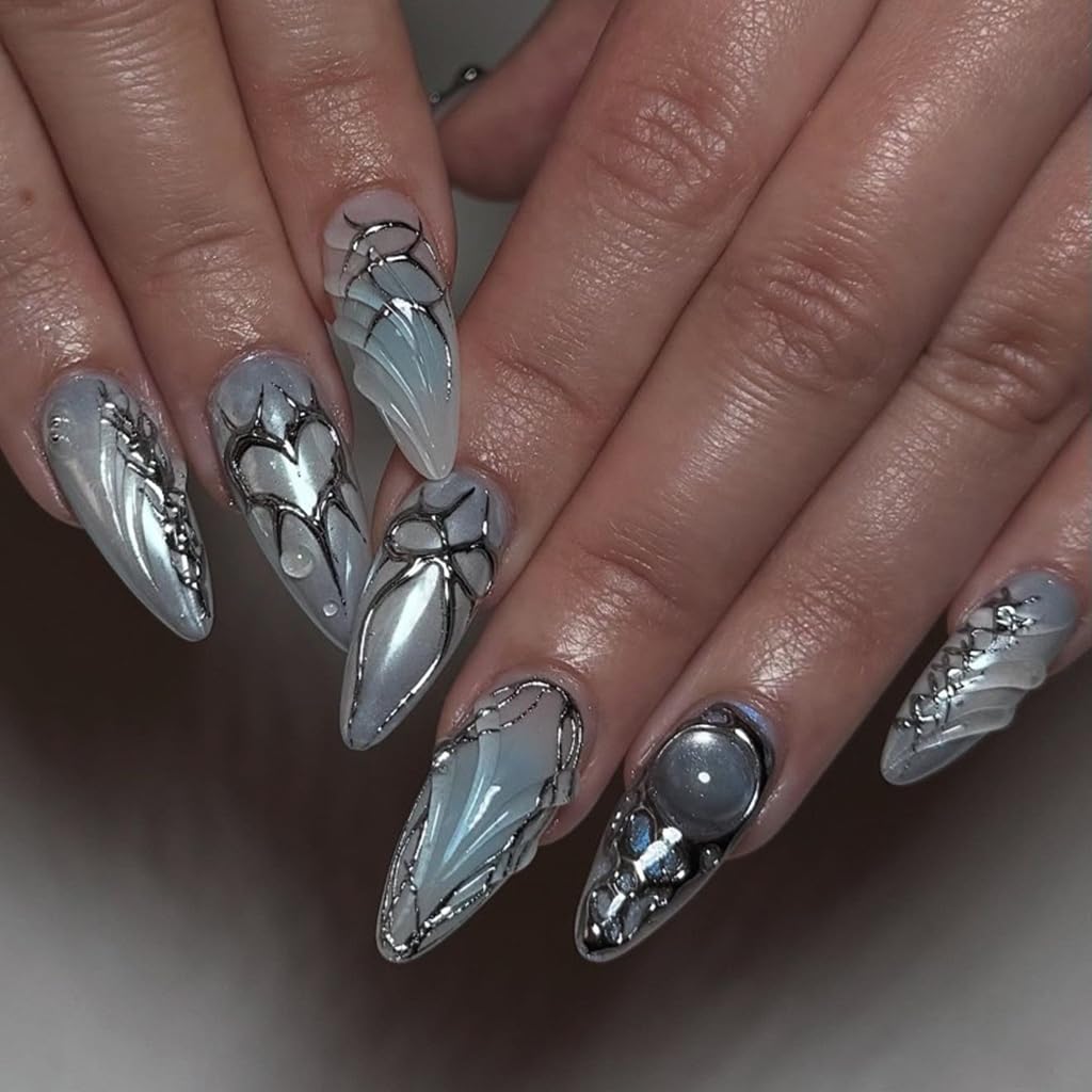 CTTHNBD Press on Nails Almond - French Tip Fake Nails with Gold Line Design - Medium Fasle Nails Press ons - for Women 24 Pcs : Beauty & Personal Care