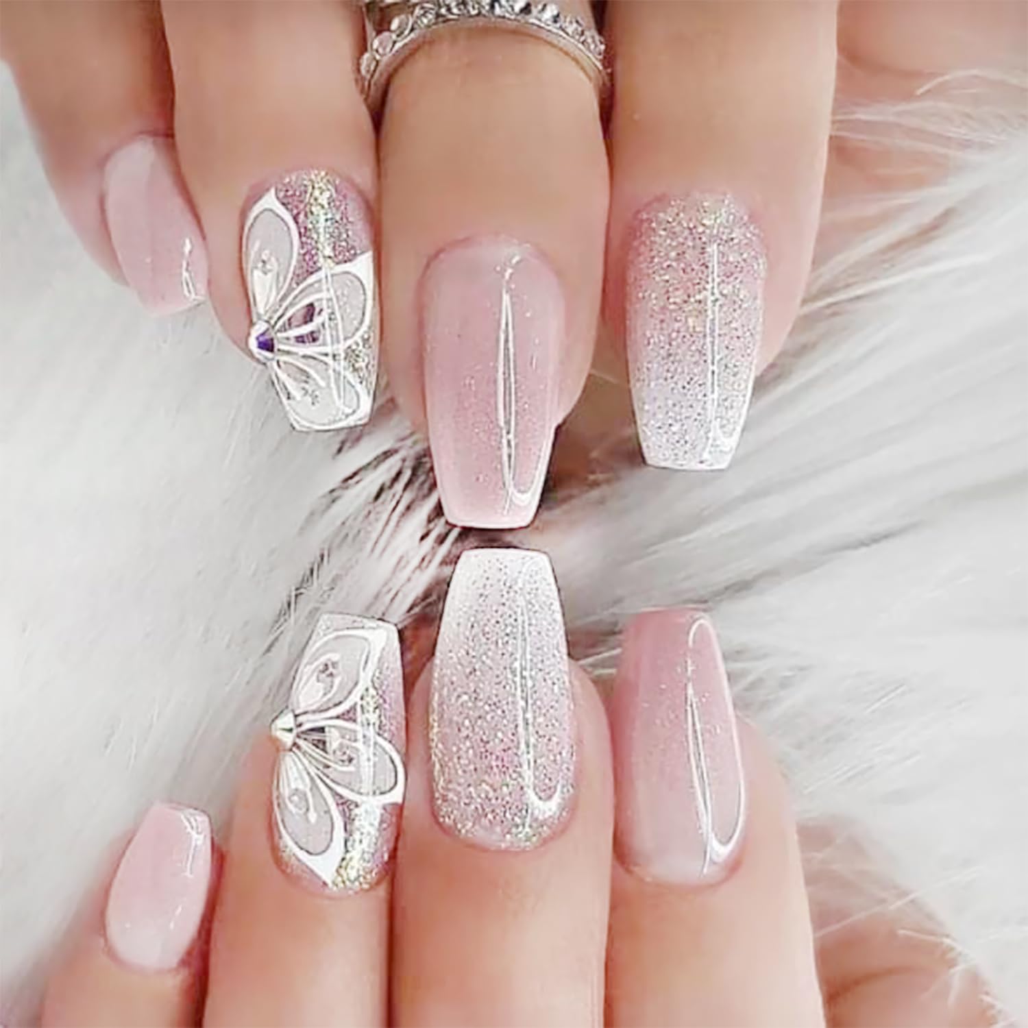 DZPGUONIZ 24pcs Short Square Press on Nails French Tip Fake Nails White Flower with Star Design Glitter False Nails Luxury Nail Charms Crafts White Stripes Glue on Nails for Women Manicure Tips : Beauty & Personal Care