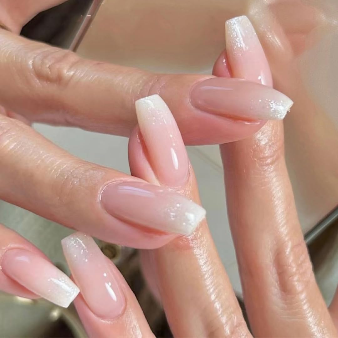 KQueenest Ombre Pink Press on Nails Long Square Shaped Gradient French Fake Nails Press Ons. Natural Gel Square Tips - 24 Pcs Coffin Acrylic False Nails Set for Women Daily Wear : Beauty & Personal Care