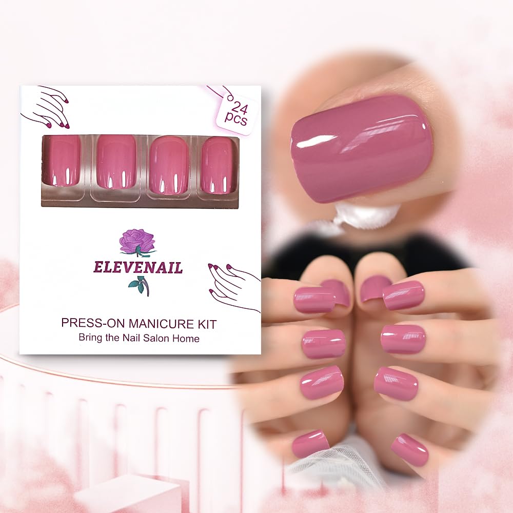 ELEVENAIL Daily Glossy Deep Purple Pink Red Press on False Nails Short Square Fake Fingernails Salon DIY Reusable Acrylic Nail Art Tips Manicure Gifts with Adhesive Tabs Nail File : Beauty & Personal Care