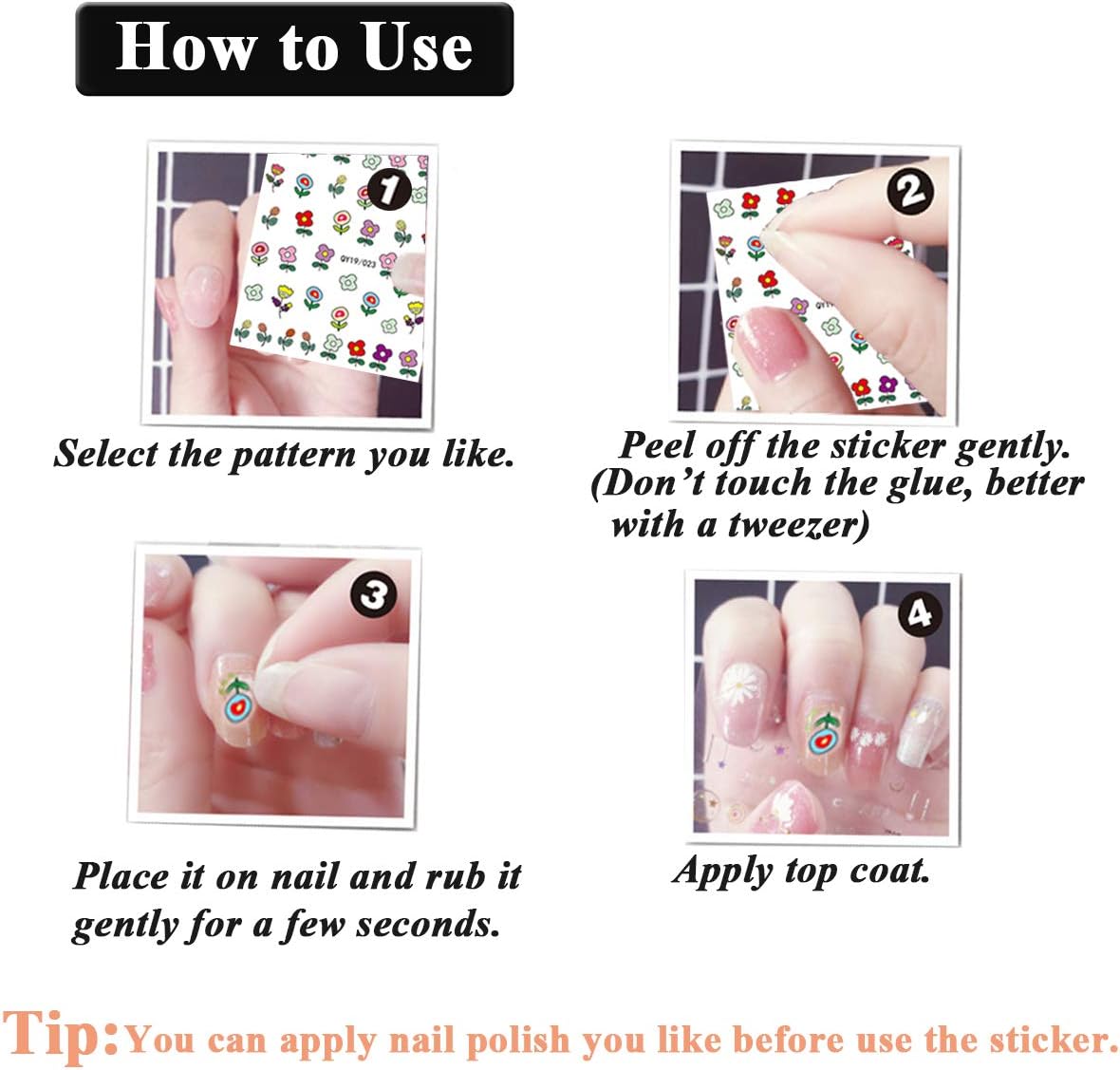 Nail Stickers for Women and Little Girls - 12 Sheets 3D Self-Adhesive DIY Nail Art Decoration Set Including Flowers Leaves Animals Plants Fruits Nail Decals for Woman Kids Girls : Beauty & Personal Care