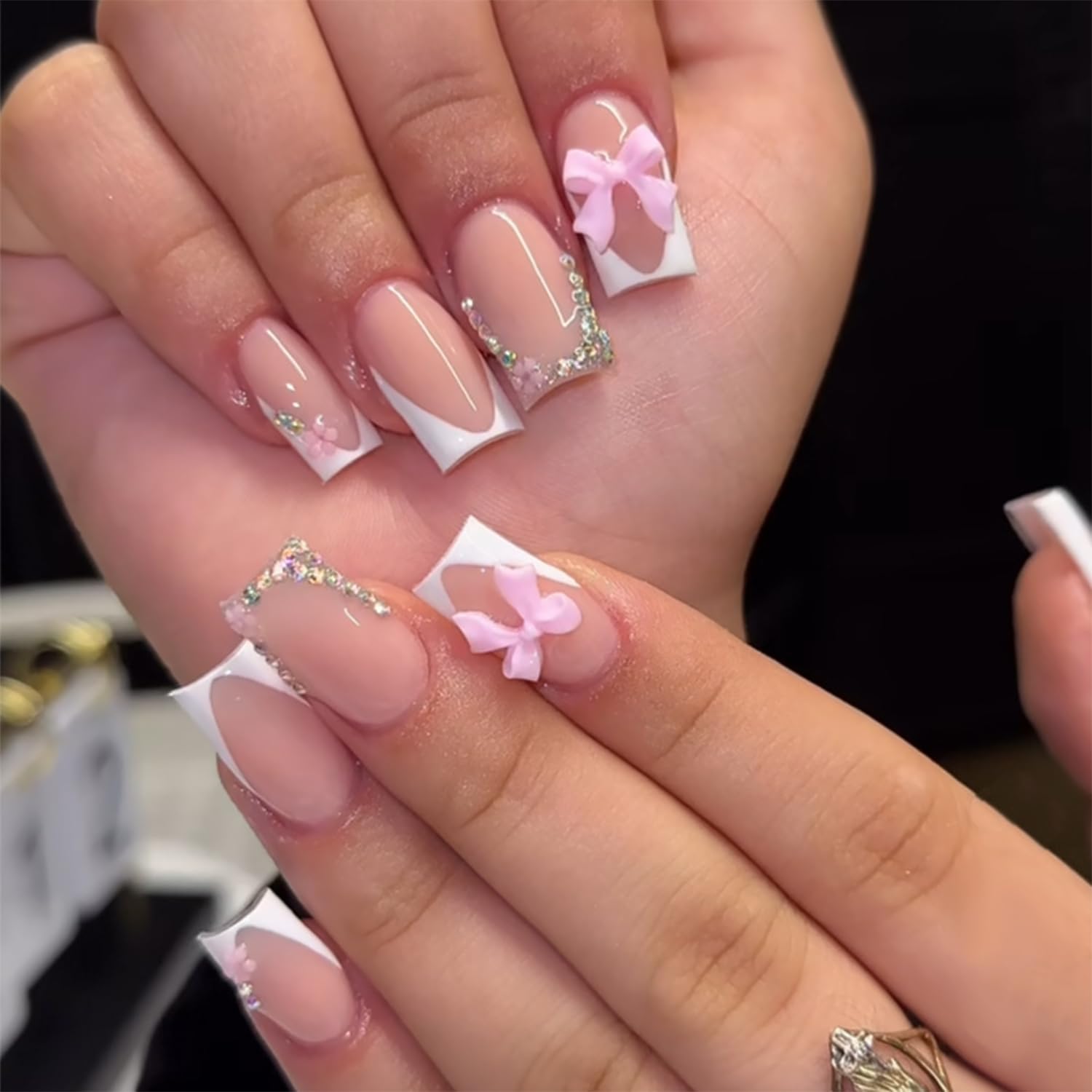 DZPGUONIZ 24pcs Short Square Press on Nails French Tip Fake Nails White Flower with Star Design Glitter False Nails Luxury Nail Charms Crafts White Stripes Glue on Nails for Women Manicure Tips : Beauty & Personal Care