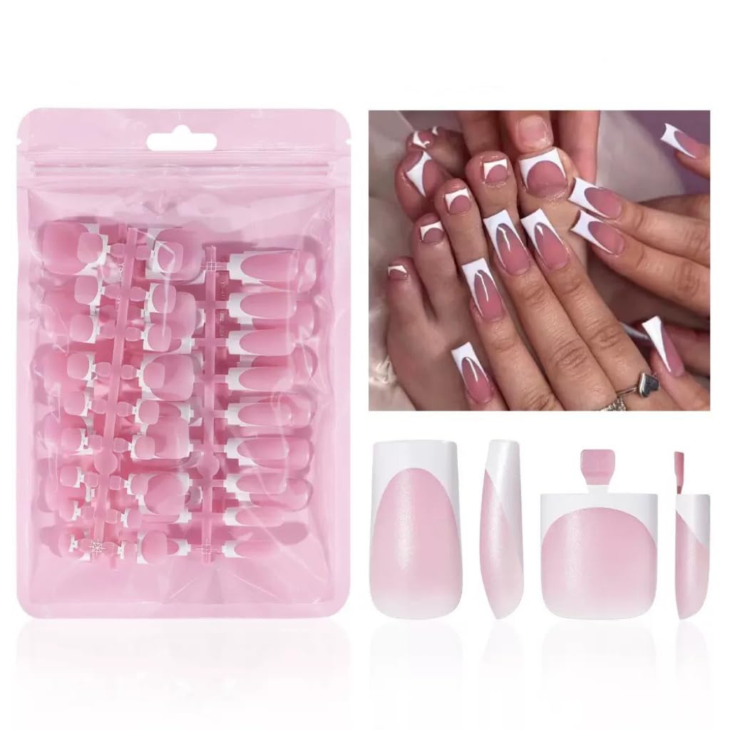 NHIXK 60Pcs White French Tip Press on Nails & Press on Toenails Set. Square Press on Nails Medium Fake Nails French False Toenails Full Cover Stick on Nails for Women Manicure Kit : Beauty & Personal Care