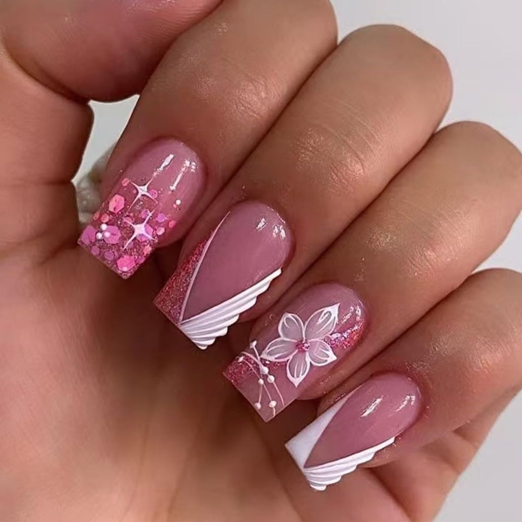 6 Packs (144 Pcs) Press on Nails Square - Short. Medium Nails Press ons - French Tip Fake Nails with Flower Design - for Women 12 Sizes-6 Styles : Beauty & Personal Care