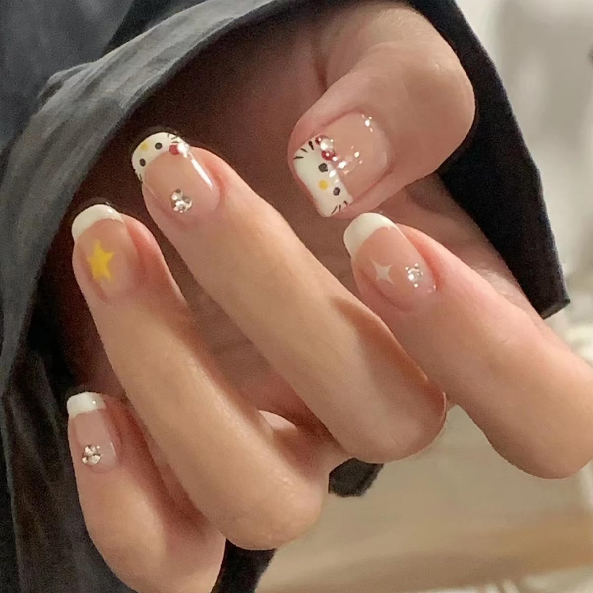 YKZFUI French Tip Press on Nails with Charms. Medium. Cute Bow. Long Square Shape. Acrylic Fake Stick On Nails with Heart and Rhinestones for Women Daily Wear. White : Beauty & Personal Care