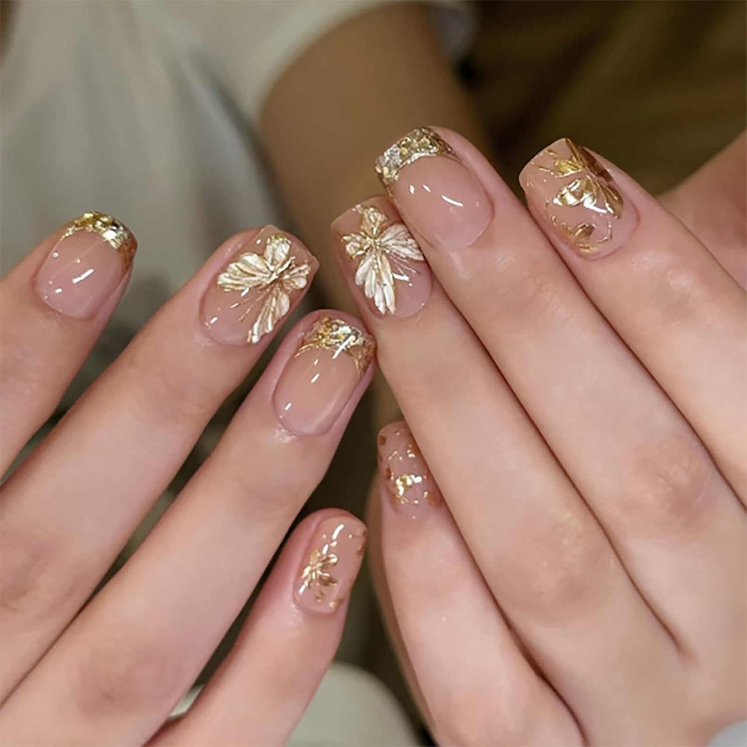 RUOKEXIN Heart Press On Nails Medium Square Fake Nails Glitter Glossy Acrylic False Nails with Rhinestones Designs Ombre Pink Full Cover Press Ons Fall Winter Holiday Stick on Nails for Women 24Pcs : Beauty & Personal Care