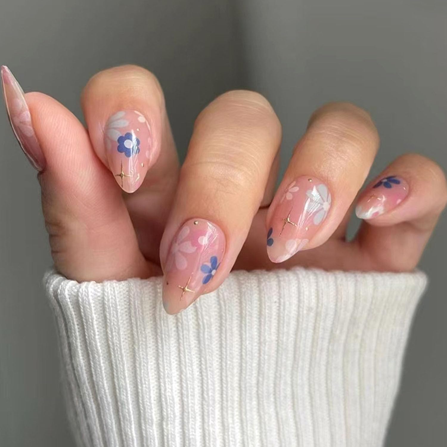 Short Press On Almond Fake Nails - Flower Acrylic Fall Nails Press Ons Full Cover Glue On Cute False Floral Stick On Nails for Women - 30 Pcs : Beauty & Personal Care