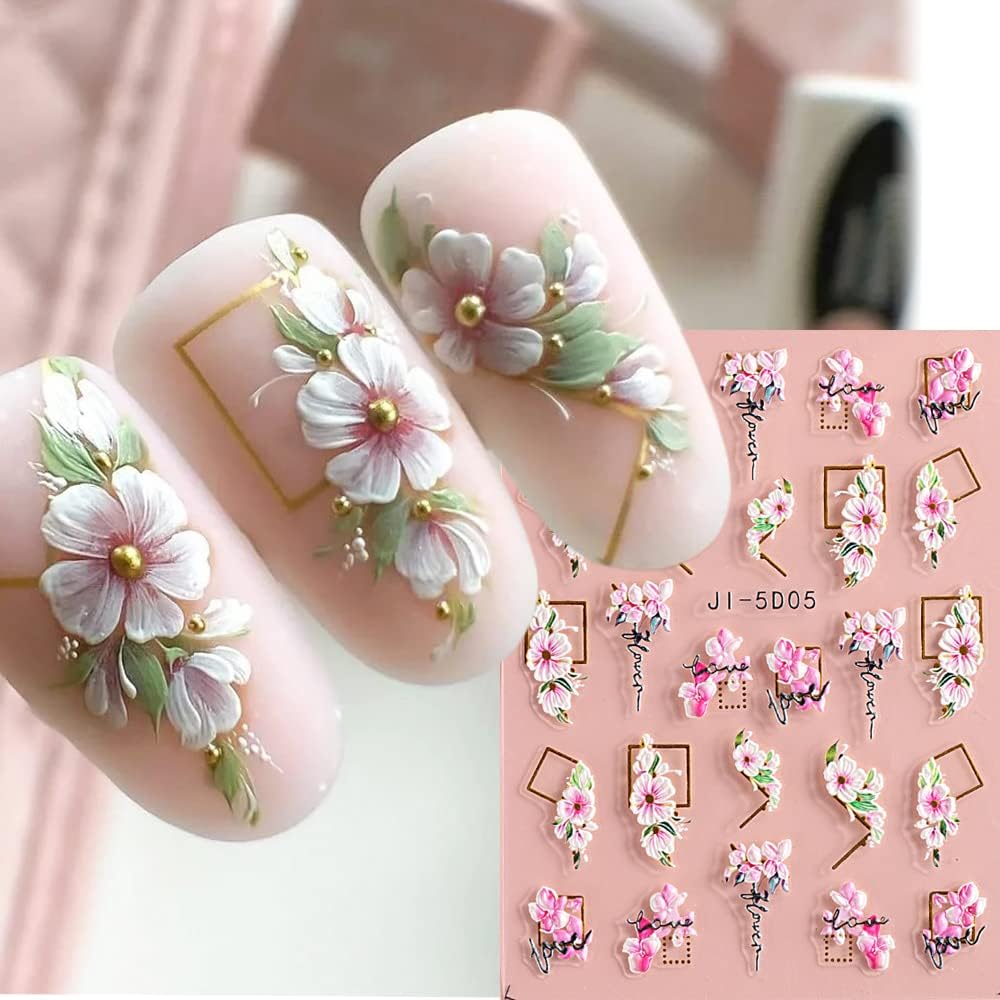 Fcozpjk 5D Embossed White Flowers Nail Stickers. 5 Sheets Self-Adhesive Floral Nail Decals. Spring Rose Butterfly Nail Art. 3D Acrylic Flowers for Manicure Decor : Beauty & Personal Care