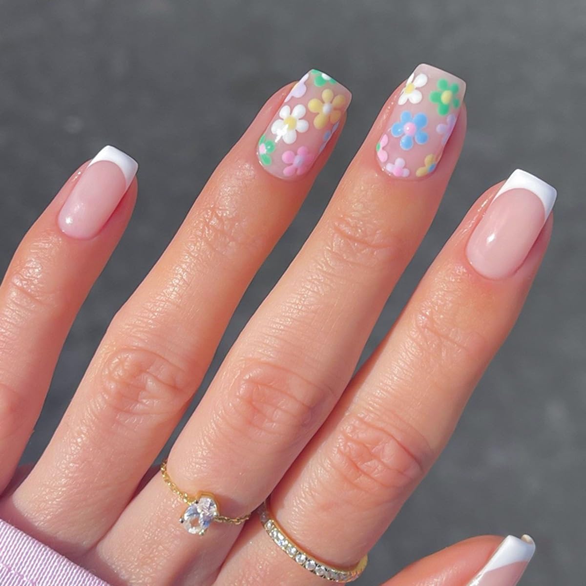 6 Packs (144 Pcs) Press on Nails Square - Short. Medium Nails Press ons - French Tip Fake Nails with Flower Design - for Women 12 Sizes-6 Styles : Beauty & Personal Care