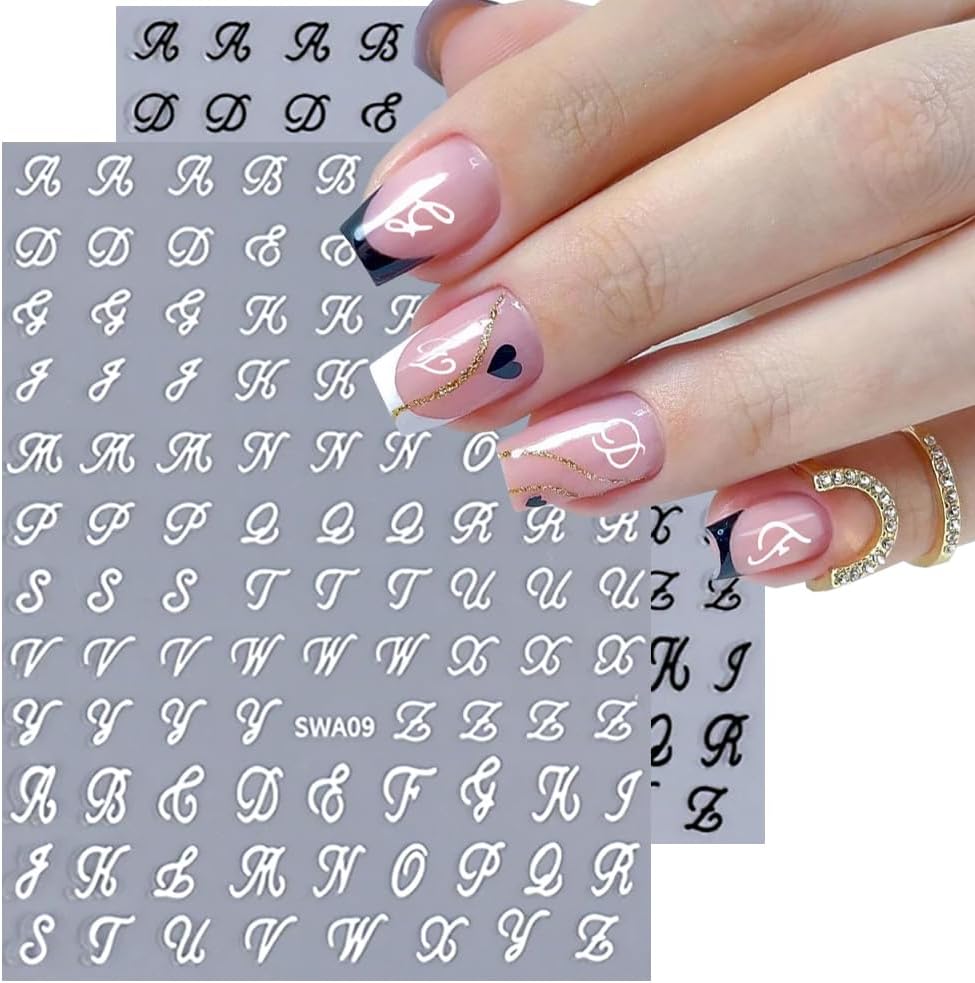 Letter Nail Stickers. 8 Sheets Old English Letter Nail Decals 3D Self-Adhesive Gold Silver Black White Retro English Pattern Old Alphabet Cursive Design Manicure Nail Accessories for Women Girls : Beauty & Personal Care