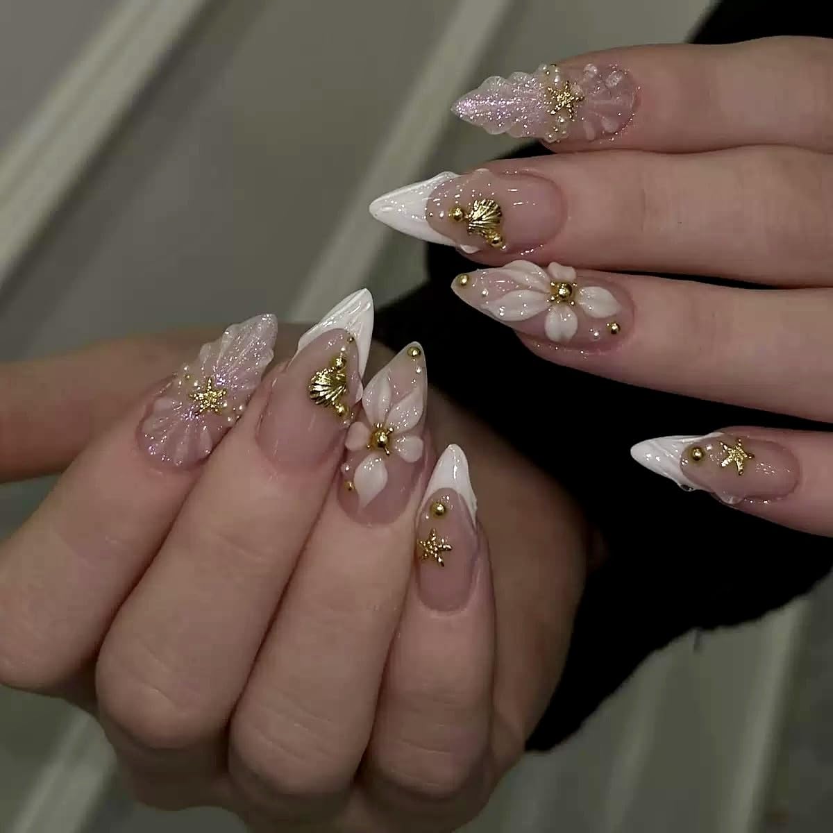 CTTHNBD Press on Nails Almond - French Tip Fake Nails with Gold Line Design - Medium Fasle Nails Press ons - for Women 24 Pcs : Beauty & Personal Care