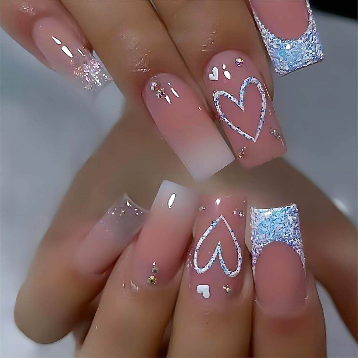 RUOKEXIN Heart Press On Nails Medium Square Fake Nails Glitter Glossy Acrylic False Nails with Rhinestones Designs Ombre Pink Full Cover Press Ons Fall Winter Holiday Stick on Nails for Women 24Pcs : Beauty & Personal Care