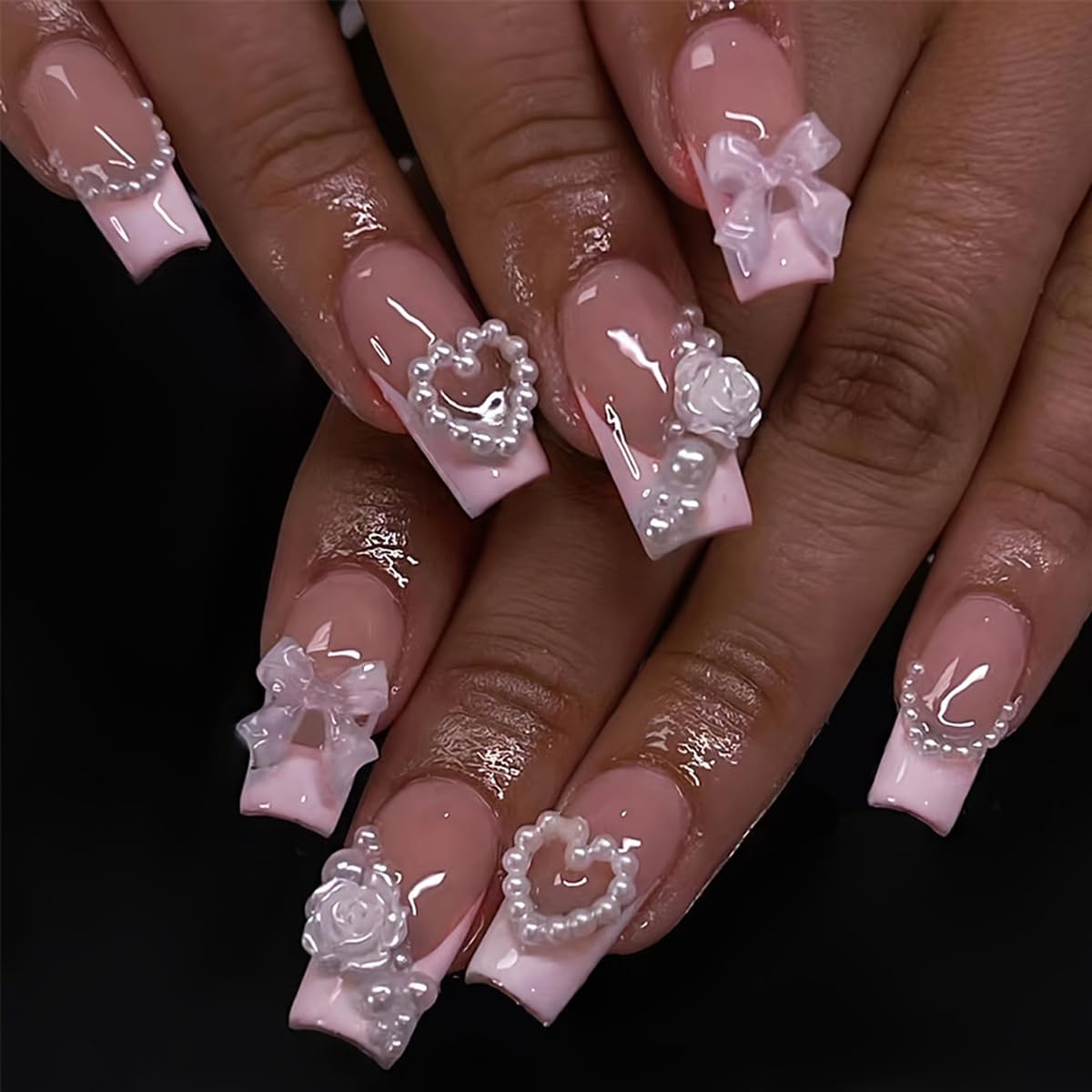 YKZFUI French Tip Press on Nails with Charms. Medium. Cute Bow. Long Square Shape. Acrylic Fake Stick On Nails with Heart and Rhinestones for Women Daily Wear. White : Beauty & Personal Care