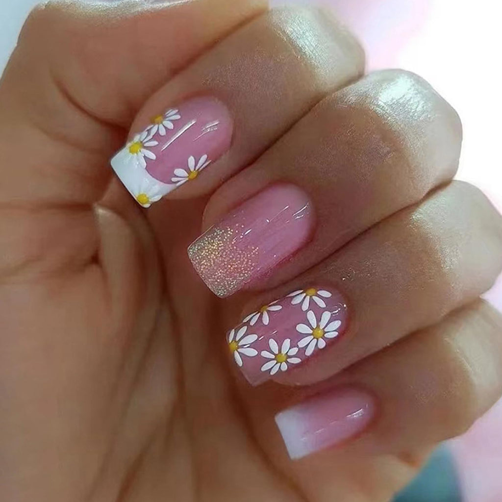 White French Tip Press on Nails Short Square Fake Nails Glossy Pink False Nails with Glue on Nails Reusable Full Cover Stick on Nails Acrylic Artificial Nails for Women DIY Nails Art Decoration : Beauty & Personal Care