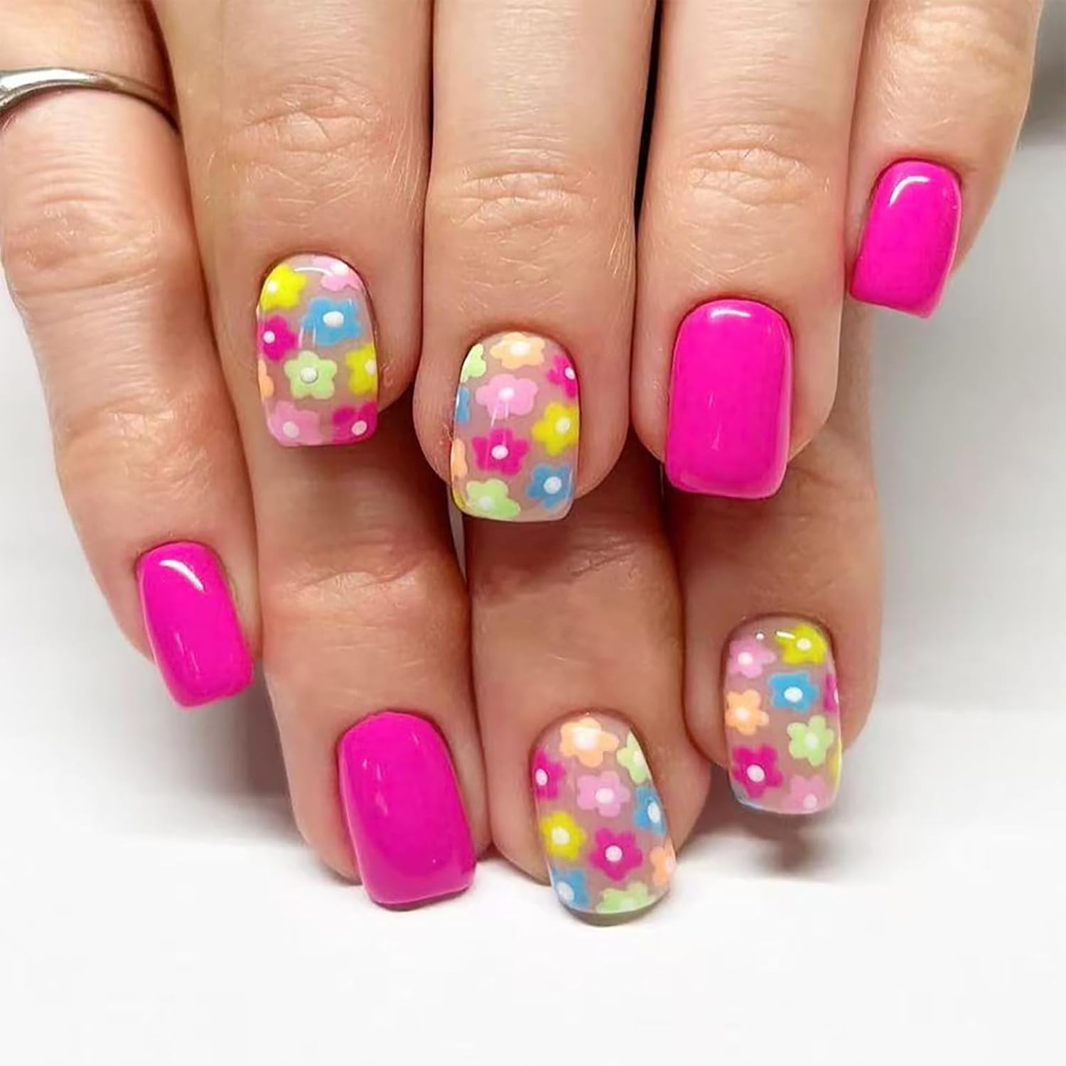 24Pcs Colorful Flower Press-On Nails - Short. Square. Fake. Spring-Summer Nail Art Set. Light Pink Acrylic. Full Cover Glossy False Nails for Women & Girls : Beauty & Personal Care
