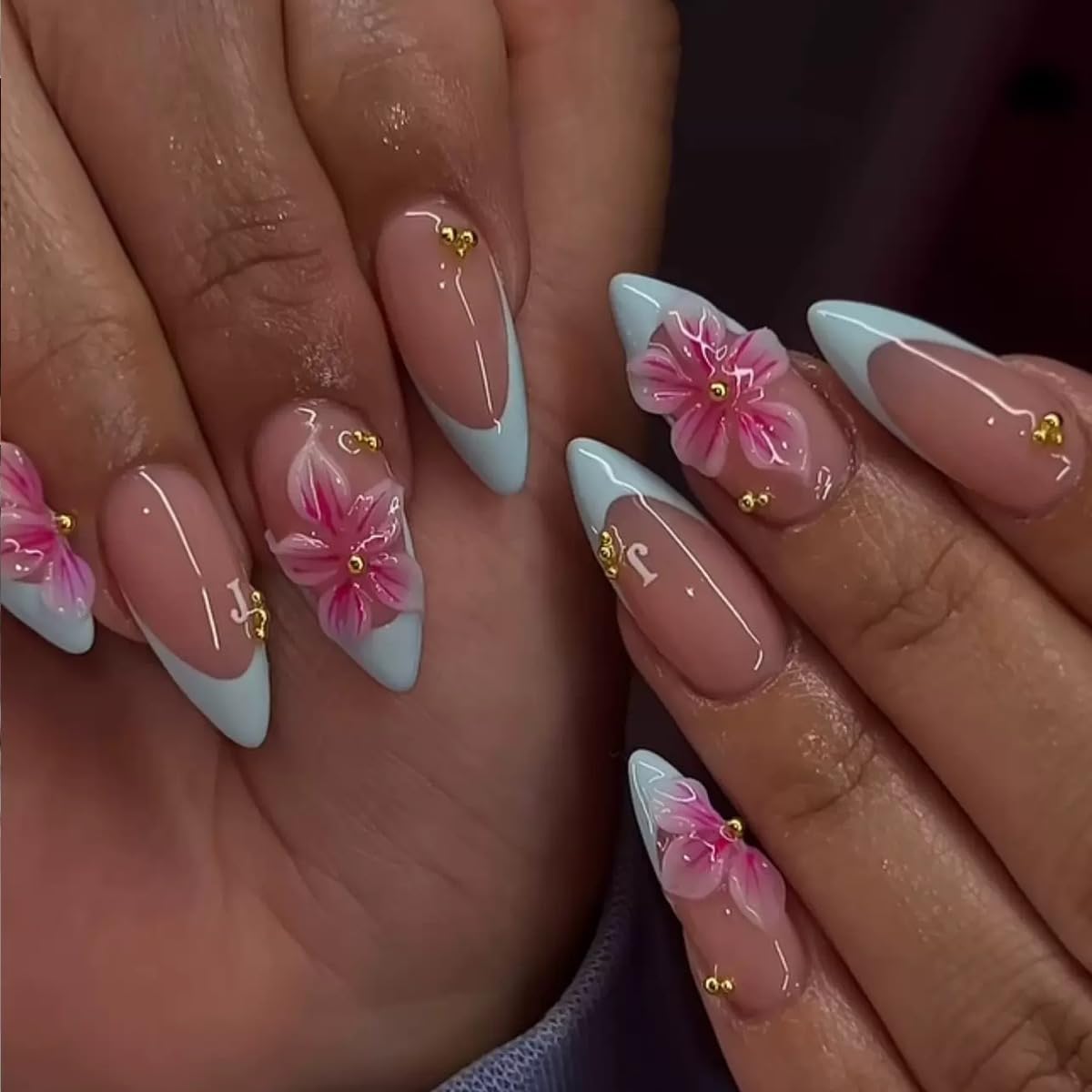 CTTHNBD Press on Nails Almond - French Tip Fake Nails with Gold Line Design - Medium Fasle Nails Press ons - for Women 24 Pcs : Beauty & Personal Care