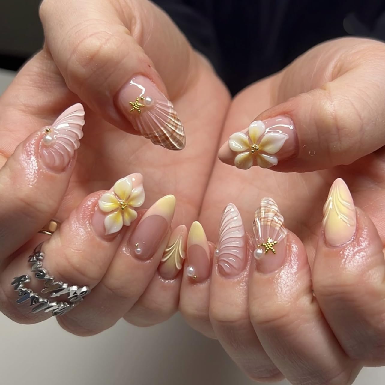 CTTHNBD Press on Nails Almond - French Tip Fake Nails with Gold Line Design - Medium Fasle Nails Press ons - for Women 24 Pcs : Beauty & Personal Care