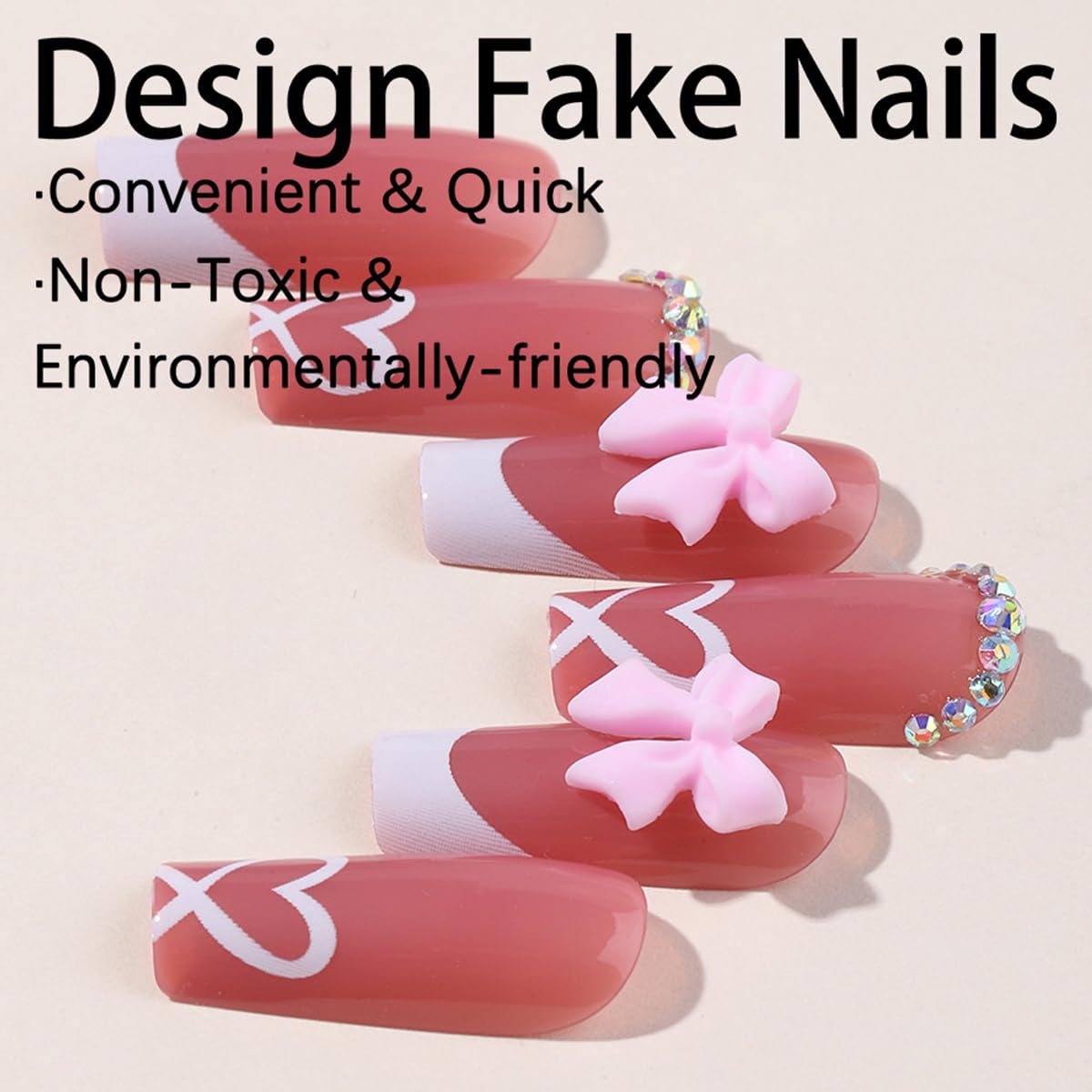YKZFUI French Tip Press on Nails with Charms. Medium. Cute Bow. Long Square Shape. Acrylic Fake Stick On Nails with Heart and Rhinestones for Women Daily Wear. White : Beauty & Personal Care