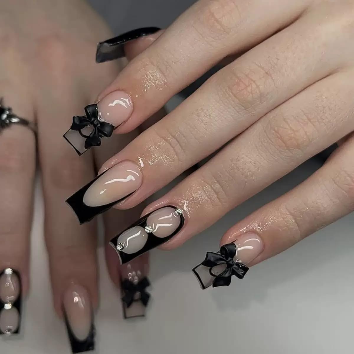 CTTHNBD Medium Press on Nails Coffin - Black French Tip Fake Nails with Bow Charms Design - Heart False Nails Press ons - for Women 24 Pcs : Beauty & Personal Care