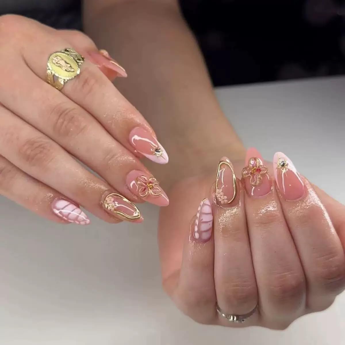 CTTHNBD Press on Nails Almond - French Tip Fake Nails with Gold Line Design - Medium Fasle Nails Press ons - for Women 24 Pcs : Beauty & Personal Care
