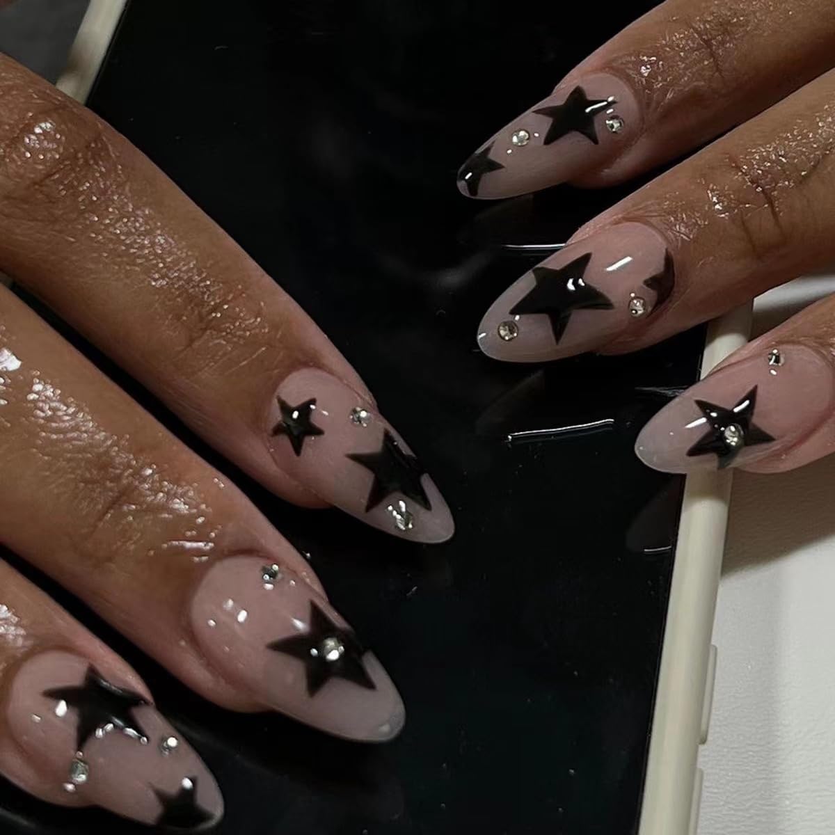 CTTHNBD Press on Nails Almond - French Tip Fake Nails with Gold Line Design - Medium Fasle Nails Press ons - for Women 24 Pcs : Beauty & Personal Care