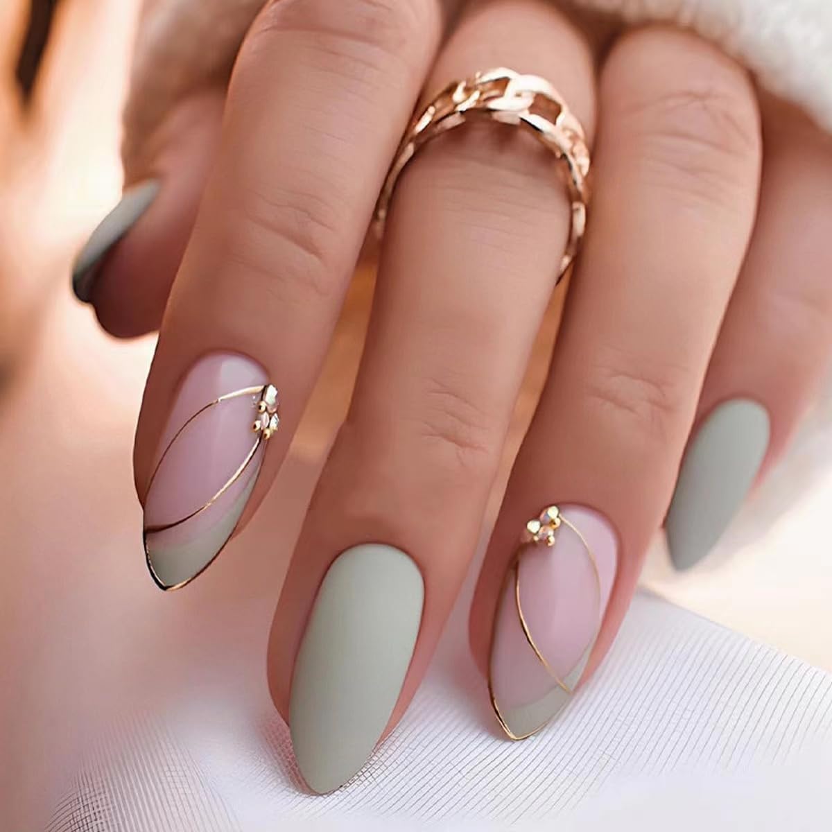 CTTHNBD Press on Nails Almond - French Tip Fake Nails with Gold Line Design - Medium Fasle Nails Press ons - for Women 24 Pcs : Beauty & Personal Care