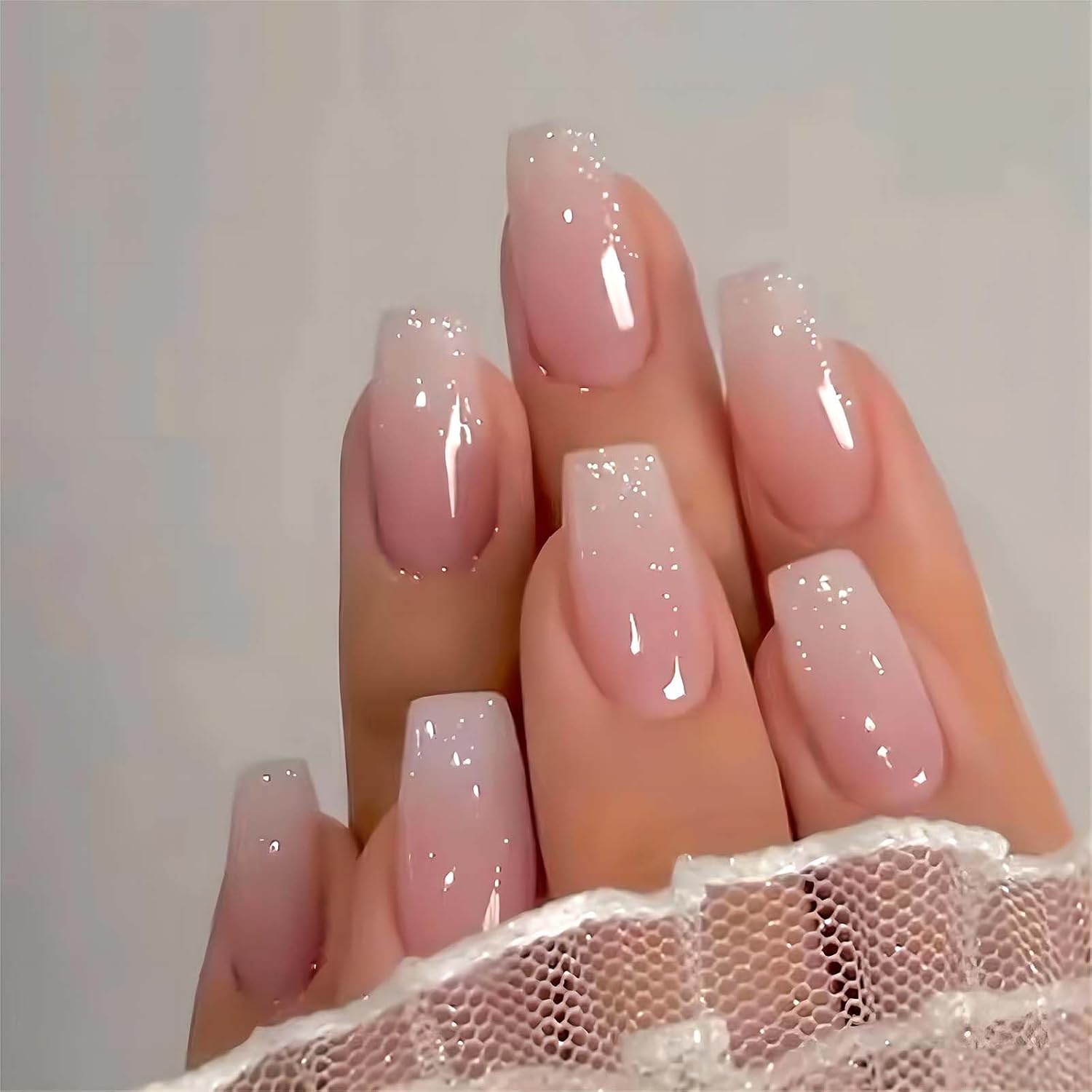 RUOKEXIN Heart Press On Nails Medium Square Fake Nails Glitter Glossy Acrylic False Nails with Rhinestones Designs Ombre Pink Full Cover Press Ons Fall Winter Holiday Stick on Nails for Women 24Pcs : Beauty & Personal Care