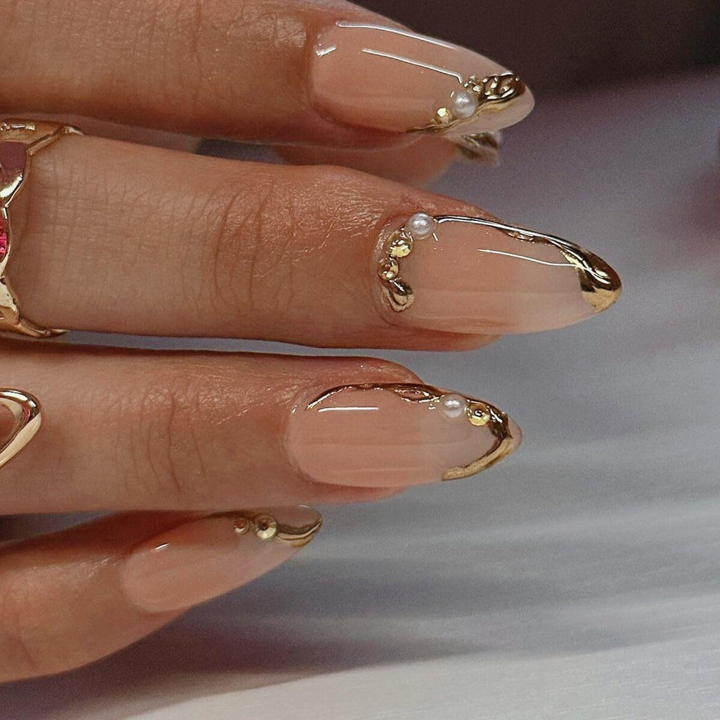 CTTHNBD Press on Nails Almond - French Tip Fake Nails with Gold Line Design - Medium Fasle Nails Press ons - for Women 24 Pcs : Beauty & Personal Care