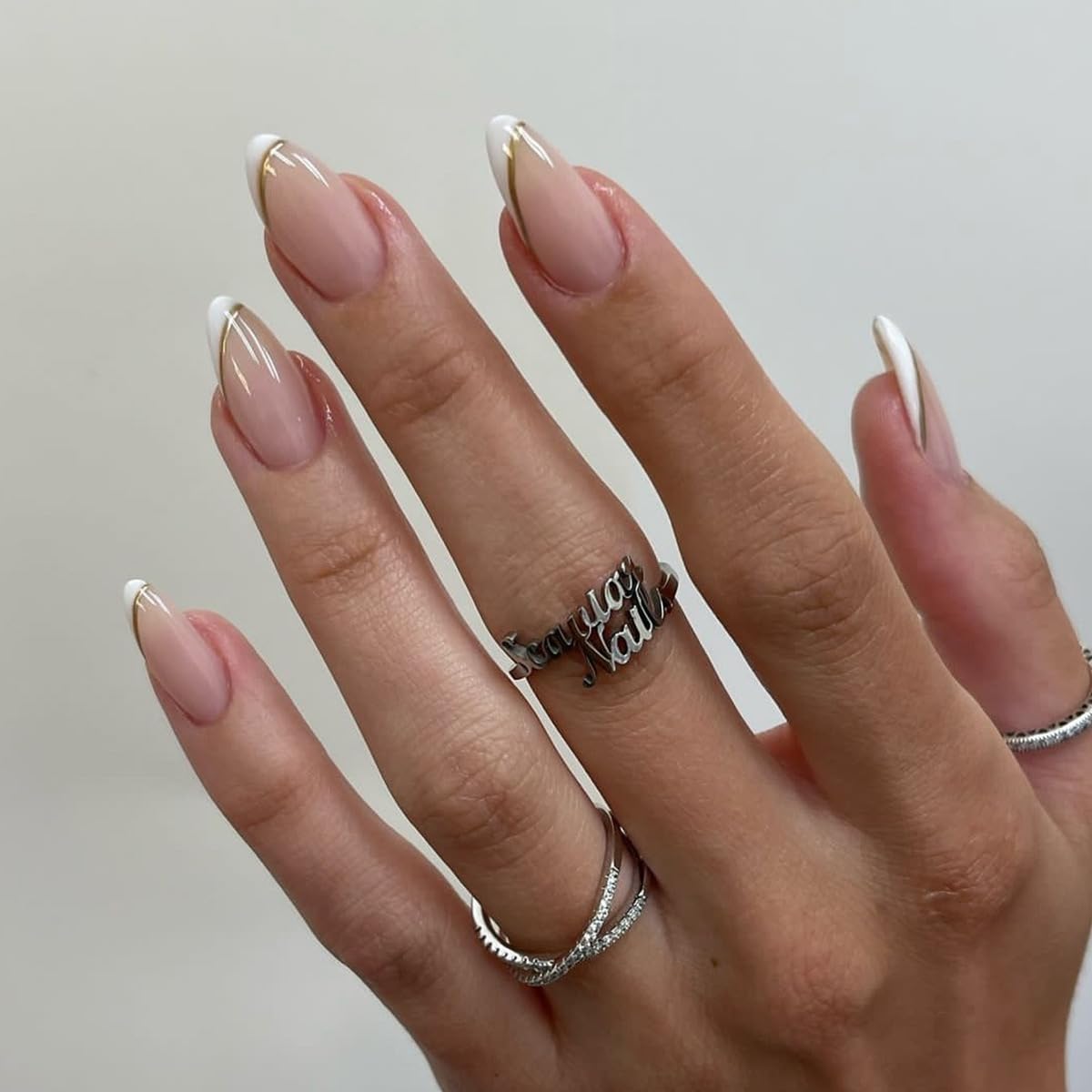 CTTHNBD Press on Nails Almond - French Tip Fake Nails with Gold Line Design - Medium Fasle Nails Press ons - for Women 24 Pcs : Beauty & Personal Care