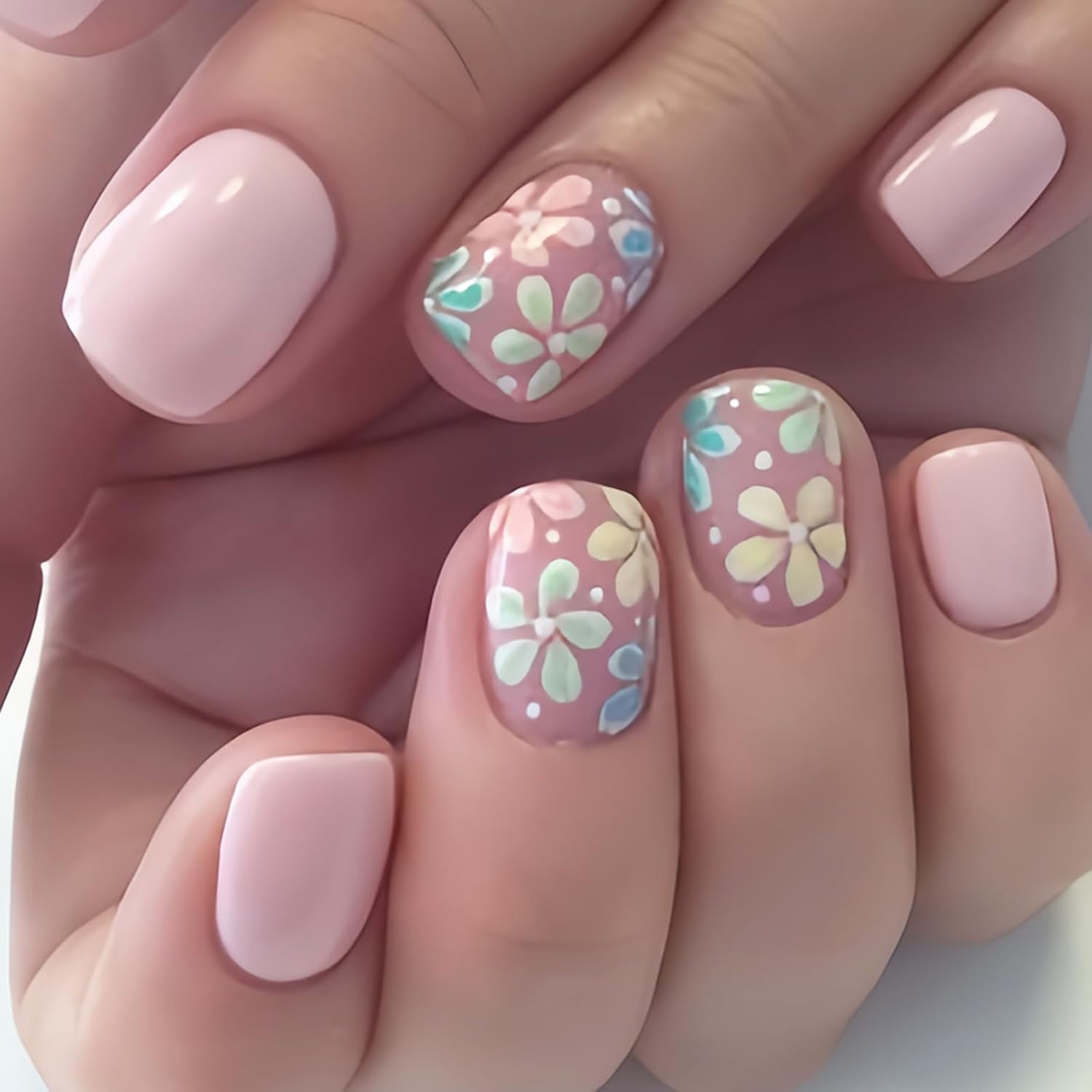 24Pcs Colorful Flower Press-On Nails - Short. Square. Fake. Spring-Summer Nail Art Set. Light Pink Acrylic. Full Cover Glossy False Nails for Women & Girls : Beauty & Personal Care
